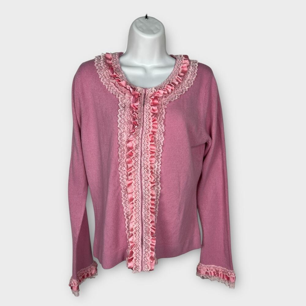Vintage Pink Chadwicks Cardigan Sweater Pink Lace Ribbon Detail Coquette Medium‎